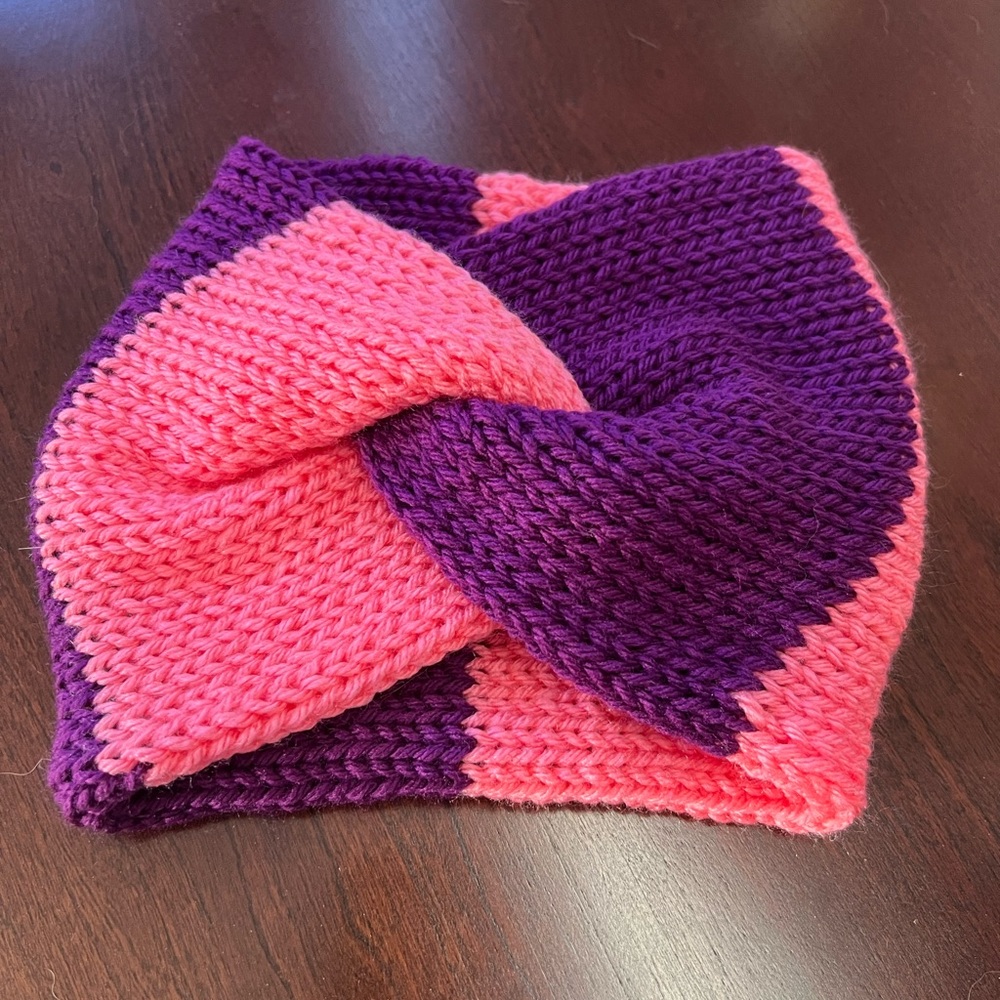 Handmade by me! Purple and coral pink color block cross front ear warmer